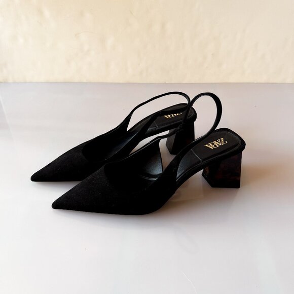Zara Black Suede Slingback Heels, Size 39, Unique Brown Heel - Picture 1 of 5